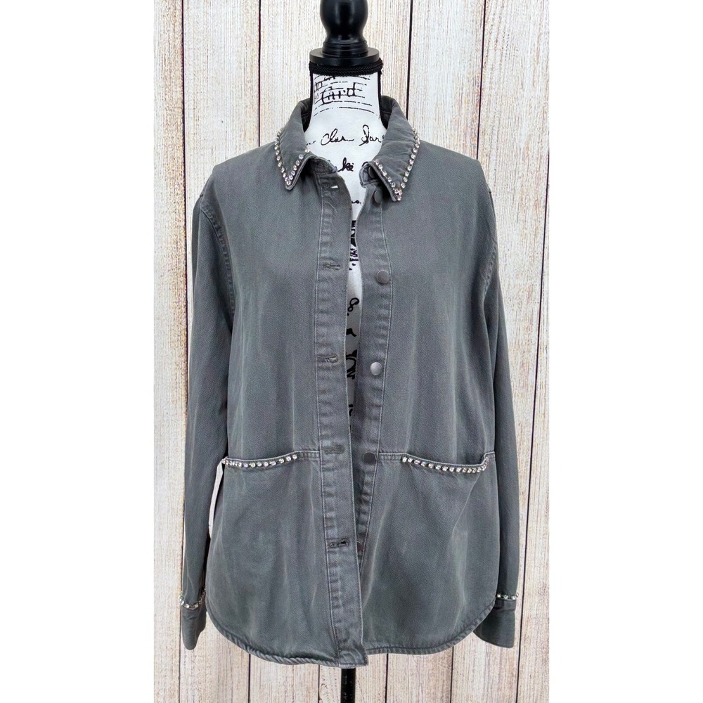 Zara XL Gray Denim Embellished Utility Jacket Crystal Stud Collar Pockets NWT - Picture 2 of 7